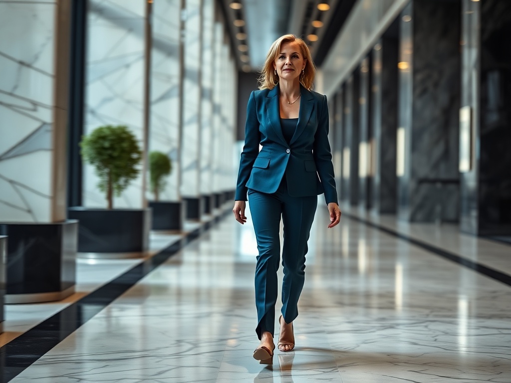 Female executive, 40s, power suit in dark teal, walking through a modern lobby with marble floors, motion blur on background, confident stride, photorealistic, 8k, commercial photography style
