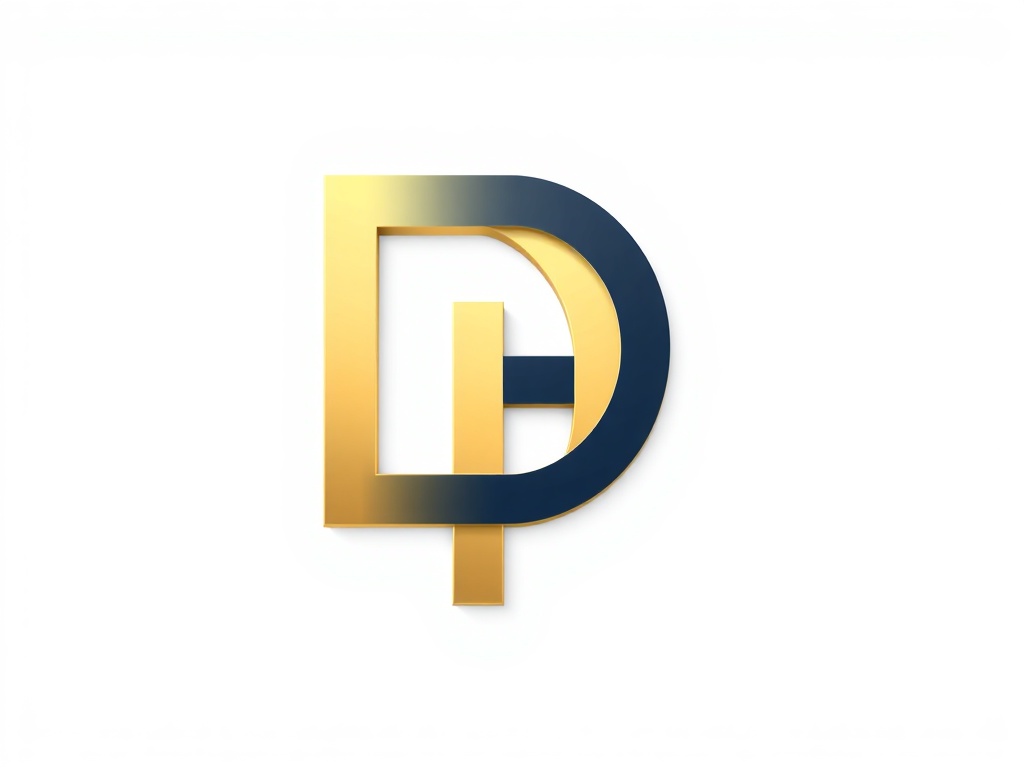 A simple geometric icon of a stylized 'D' and 'P' interlocked, gold and dark navy, isolated on a clean white background, photorealistic, 8k, commercial photography style