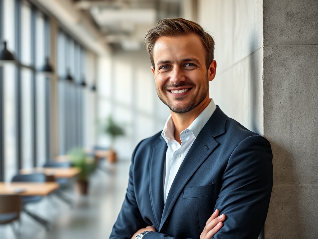 Male portrait, mid-30s, sharp casual attire (navy blazer, white shirt), leaning against a concrete wall with soft natural light, confident smile, blurred background of an open-plan office, photorealistic, 8k, commercial photography style