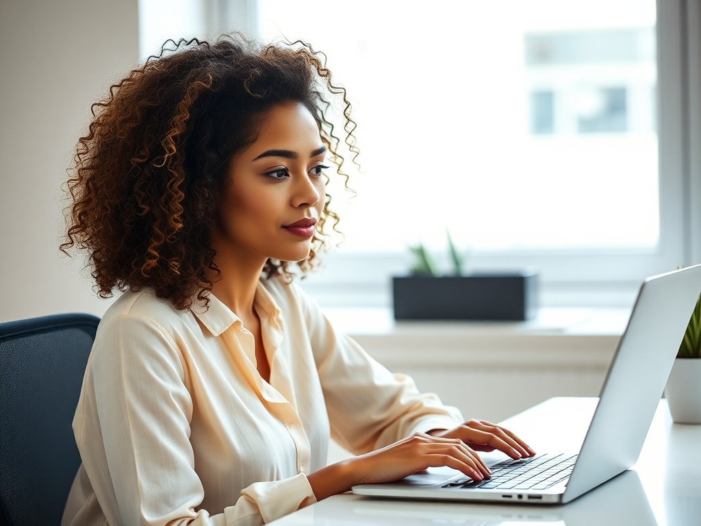 Female portrait, late-20s, curly hair, wearing a cream blouse, sitting at a modern desk with a laptop, candid expression, bright window light, clean background, photorealistic, 8k, commercial photography style